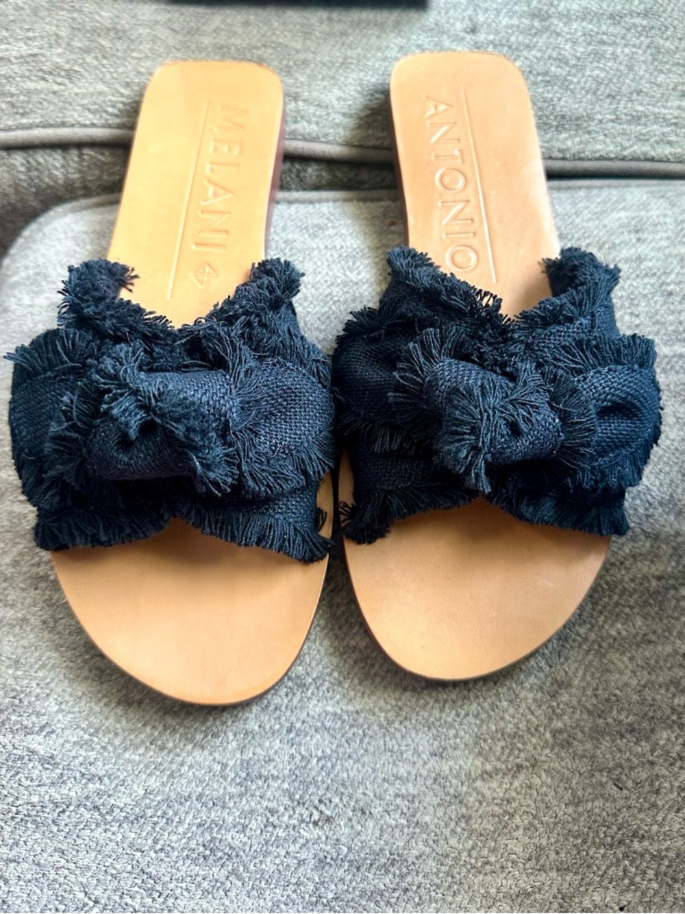 ANTONIO MELANI Black Knotted Fringe Slide Sandals